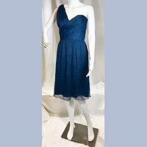 Amsale Bridesmaid Dress SZ 8 Navy Blue, Knee Length, Silk Chiffon, One Shoulder